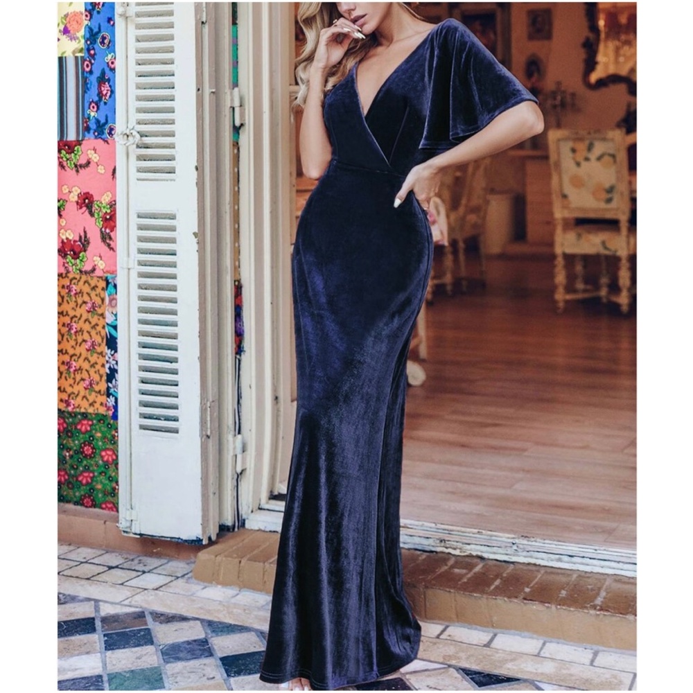 Velvet Off Shoulder formal party evening wedding prom Luxe dress - Picture 10 of 13